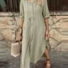 Women's Shirt Dress Casual Dress Cotton Linen Dress Maxi Long Dress Linen Cotton Blend Basic Classic Outdoor Daily Vacation Shirt Collar Pocket Split 3/4 Length Sleeve Summer Spring Fall 2023 Loose -LIGHTINTHEBOX Shop sqlrzb1689651621335