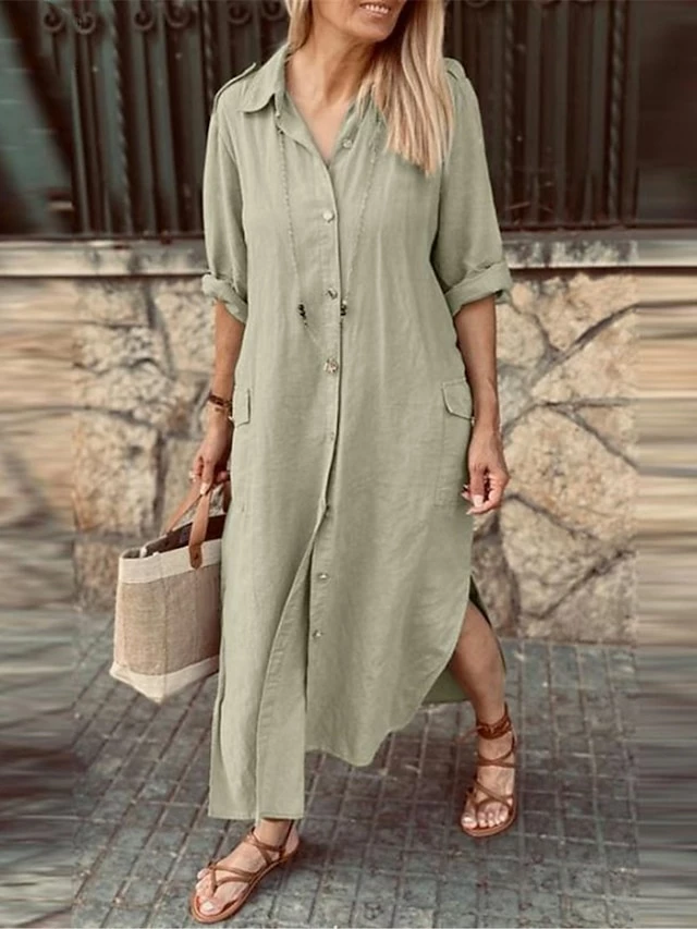Women's Shirt Dress Casual Dress Cotton Linen Dress Maxi Long Dress Linen Cotton Blend Basic Classic Outdoor Daily Vacation Shirt Collar Pocket Split 3/4 Length Sleeve Summer Spring Fall 2023 Loose 3 Women's Shirt Dress Casual Dress Cotton Linen Dress Maxi Long Dress Linen Cotton Blend Basic Classic Outdoor Daily Vacation Shirt Collar Pocket Split 3/4 Length Sleeve Summer Spring Fall 2023 Loose