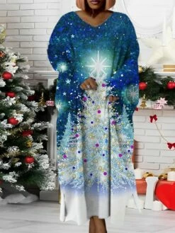 Women‘s Plus Size Christmas Dress Santa Claus V Neck Long Sleeve Winter Fall Modern Maxi Long Dress Daily Dress -LIGHTINTHEBOX Shop sqnbwo1668158227595