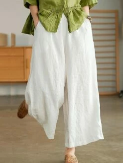 Women's Wide Leg Baggy Cropped Pants Long Cotton Pocket Baggy Micro-elastic High Waist Streetwear Simple Outdoor Vacation Pearl White Black M L Summer Spring