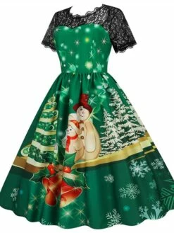 Women's Christmas Swing Dress Vintage DressKnee Length Dress Green Wine Dark Green Fuchsia Red Black Short Sleeve Santa Claus Snowman Snowflake Lace Print Fall Winter V Neck Vacation Vintage 2022 S -LIGHTINTHEBOX Shop sscajf1665293365700