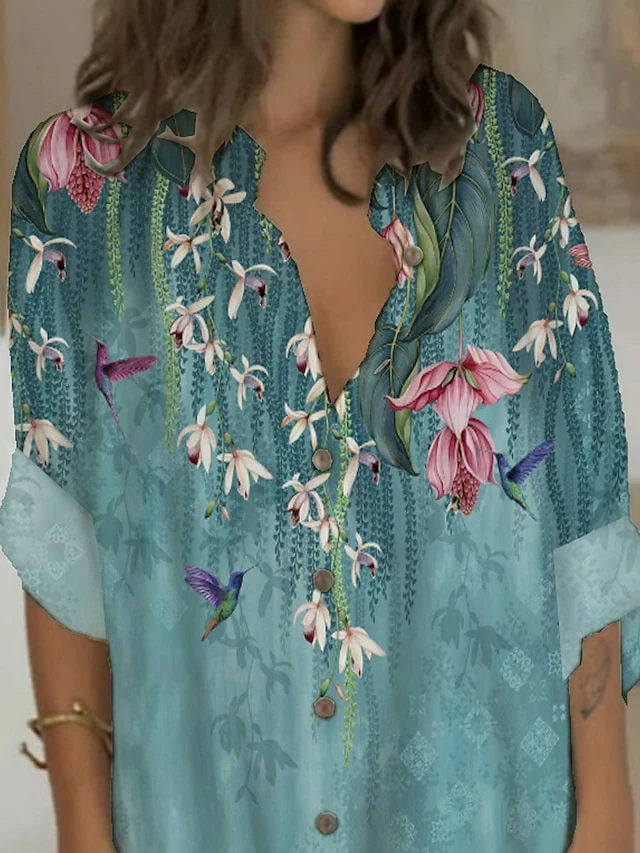 Women's Shirt Dress Casual Dress Shift Dress Mini Dress Outdoor Date Vacation Polyester Fashion Modern V Neck Button Pocket 3/4 Length Sleeve Summer Spring 2023 Regular Fit White Pink Blue Bird Flower 4 Women's Shirt Dress Casual Dress Shift Dress Mini Dress Outdoor Date Vacation Polyester Fashion Modern V Neck Button Pocket 3/4 Length Sleeve Summer Spring 2023 Regular Fit White Pink Blue Bird Flower - Image 2