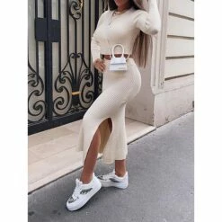 Women's Two Piece Dress Set Casual Dress Sweater Dress Outdoor Daily Fashion Streetwear Split Midi Dress Crew Neck Long Sleeve Plain Regular Fit Black White Orange Fall Winter S M L XL XXL -LIGHTINTHEBOX Shop stsstm1695635369216