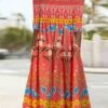 Women's Casual Dress Ethnic Dress A Line Dress Floral Ruched Pocket Crew Neck Midi Dress Ethnic Tribal Daily Vacation Half Sleeve Regular Fit Red Summer Spring S M L XL XXL