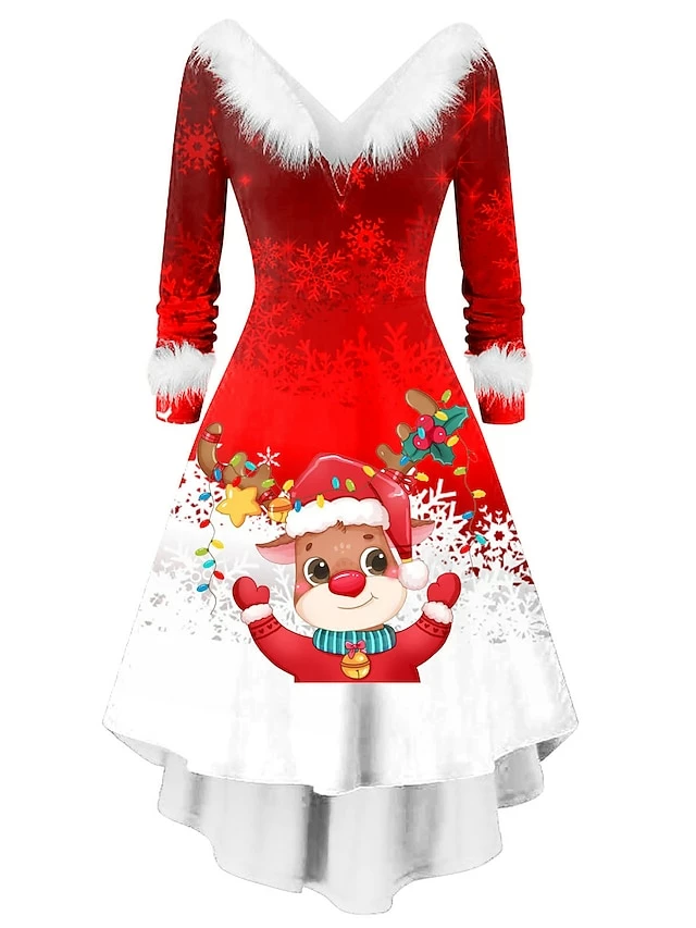 Women's Christmas Swing Dress Vintage Dress Midi Dress Green Silver Wine Red Brown White Long Sleeve Print Plus High Low Print Winter Fall V Neck Vintage Romantic Traditional 2022 S M L XL 2XL 11 Women's Christmas Swing Dress Vintage Dress Midi Dress Green Silver Wine Red Brown White Long Sleeve Print Plus High Low Print Winter Fall V Neck Vintage Romantic Traditional 2022 S M L XL 2XL - Image 9