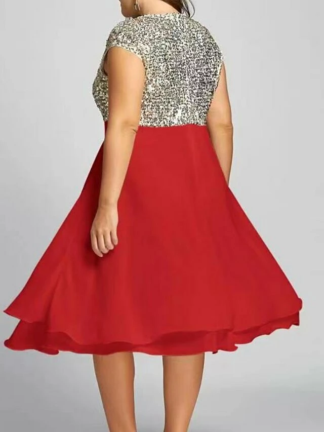 Women‘s Plus Size Curve Party Dress Sequin Dress Homecoming Dress Solid Color Midi Dress Short Sleeve Mesh Patchwork Crew Neck Classic Party Black White Spring Summer XL 3XL 4XL 5XL 5 Women‘s Plus Size Curve Party Dress Sequin Dress Homecoming Dress Solid Color Midi Dress Short Sleeve Mesh Patchwork Crew Neck Classic Party Black White Spring Summer XL 3XL 4XL 5XL - Image 3