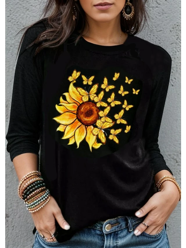 Women's T Shirt Tee Black White Yellow Butterfly Print Long Sleeve Holiday Weekend Fashion Round Neck Regular Fit Floral Painting Spring &Fall 3 Women's T Shirt Tee Black White Yellow Butterfly Print Long Sleeve Holiday Weekend Fashion Round Neck Regular Fit Floral Painting Spring &Fall