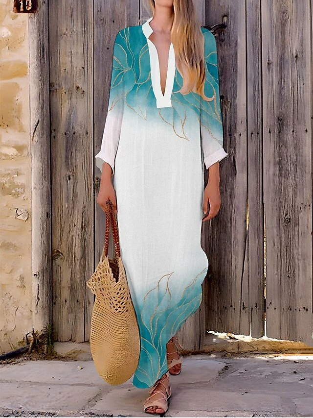 Women's Casual Dress Cotton Linen Dress Maxi Long Dress Polyester Fashion Casual Daily Outdoor Daily Vacation Split Neck Split Print Long Sleeve Summer Spring Fall 2023 Loose Fit White Navy Blue Blue 5 Women's Casual Dress Cotton Linen Dress Maxi Long Dress Polyester Fashion Casual Daily Outdoor Daily Vacation Split Neck Split Print Long Sleeve Summer Spring Fall 2023 Loose Fit White Navy Blue Blue - Image 3