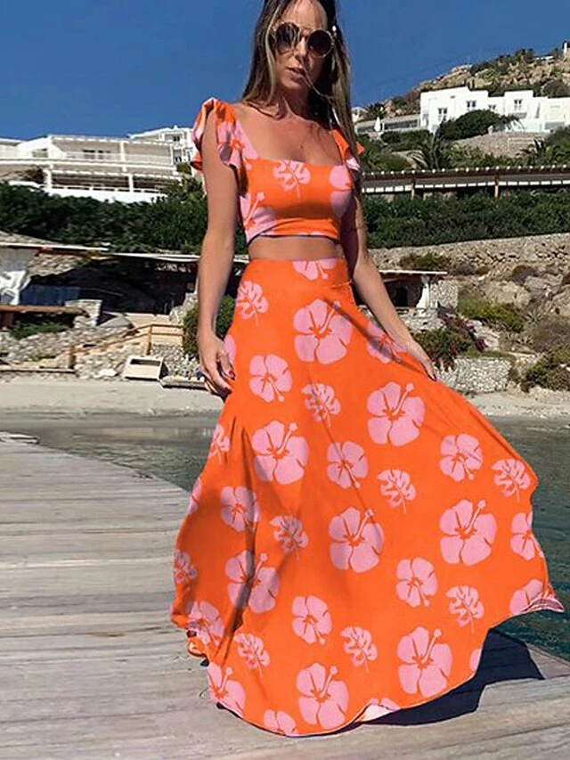 Women's Crop Top Tank Top Skirt Sets Distressed Blue Yellow Holiday Vacation Floral Ruffle Print Off Shoulder S M L XL XXL 4 Women's Crop Top Tank Top Skirt Sets Distressed Blue Yellow Holiday Vacation Floral Ruffle Print Off Shoulder S M L XL XXL - Image 2