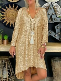 Women‘s Party Dress Sequin Dress Black Dress Midi Dress Red Gold Long Sleeve Pure Color Sequins Winter Fall Spring V Neck Fashion Party Daily Wedding Guest Loose Fit 2023 S M L XL