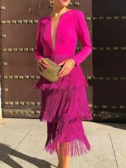 Women's Semi Formal Party Dress Fringe Dress Midi Dress Pink Long Sleeve Pure Color Tassel Fringe Winter Fall Autumn V Neck Stylish Winter Dress Fall Dress 2023 S M L XL XXL