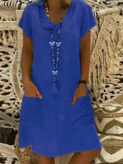 Women's Casual Dress Casual Dress Shift Dress Pure Color Pocket V Neck Midi Dress Basic Daily Vacation Short Sleeve Loose Fit Black Yellow Light Green Summer Spring S M L XL XXL -LIGHTINTHEBOX Shop szkvum1685701346318