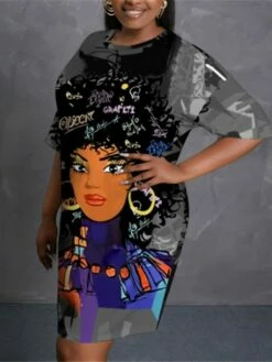 Women‘s Plus Size Curve Casual Dress T Shirt Dress Tee Dress Shift Dress Graphic Midi Dress Short Sleeve Print Crew Neck Fashion Daily Black Orange Spring Summer L XL XXL 3XL -LIGHTINTHEBOX Shop taabki1672900105960