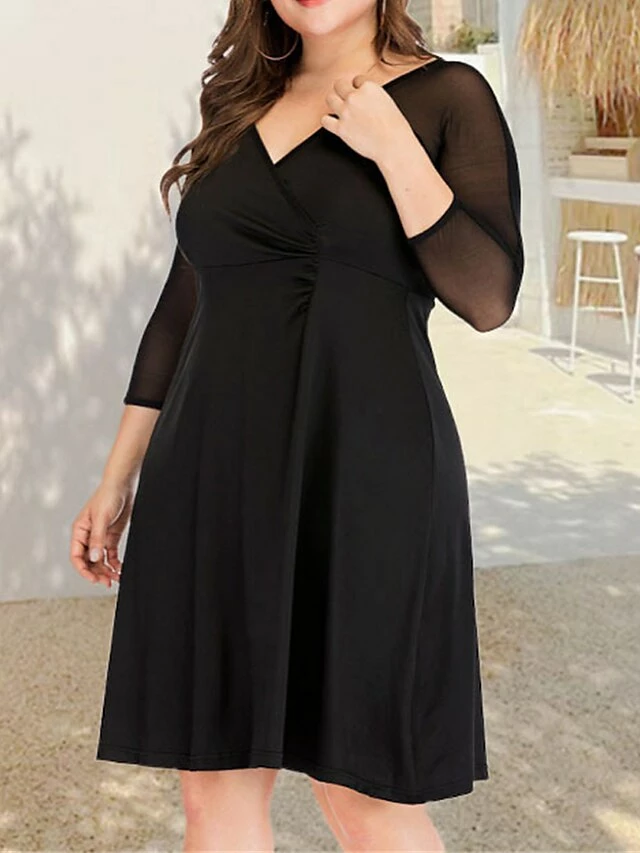 Women's Plus Size Curve Casual Dress Winter Dress Sheath Dress Plain Midi Dress Long Sleeve Ruched Mesh V Neck Fashion Outdoor Black Fall Winter XL XXL 3XL 4XL 5XL 6 Women's Plus Size Curve Casual Dress Winter Dress Sheath Dress Plain Midi Dress Long Sleeve Ruched Mesh V Neck Fashion Outdoor Black Fall Winter XL XXL 3XL 4XL 5XL - Image 4