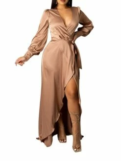 Women‘s Wedding Guest Dress Party Dress Satin Dress Sheath Dress Swing Dress Long Dress Maxi Dress Black Yellow Pink Long Sleeve Pure Color Lace Up Winter Fall Spring V Neck Mature Winter Dress 2023 -LIGHTINTHEBOX Shop tavwtz1643182442071