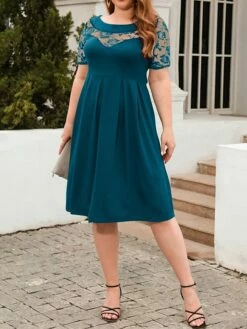 Women's Plus Size Curve Party Dress Lace Dress Semi Formal Dress Solid Color Midi Dress Short Sleeve Lace Crew Neck Fashion Party ArmyGreen Black Fall Winter XL XXL 3XL 4XL -LIGHTINTHEBOX Shop tbgsvd1695813619824