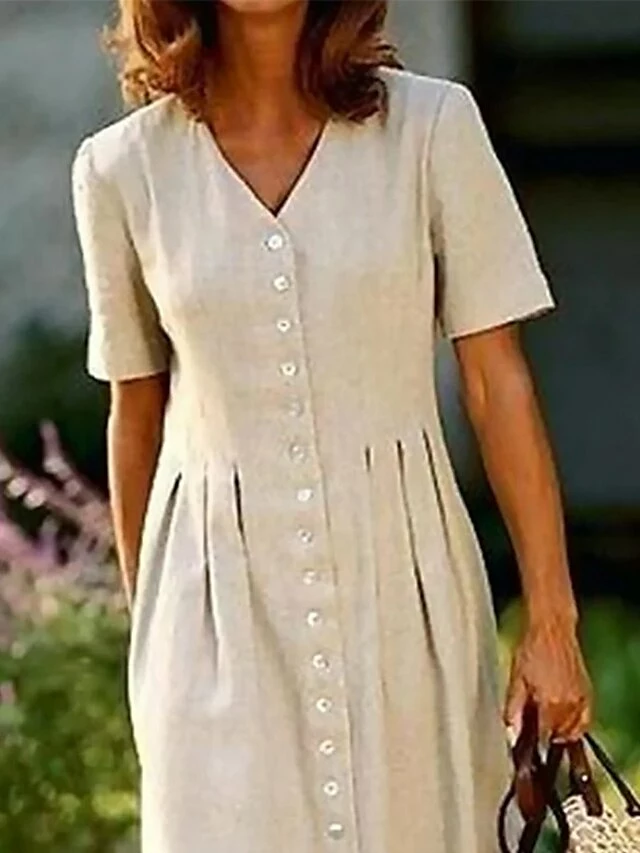 Women's Casual Dress Cotton Linen Dress Midi Dress Cotton Blend Fashion Modern Outdoor Office Daily V Neck Button Short Sleeve Summer Spring 2023 Loose Fit Khaki Plain S M L XL 2XL 4 Women's Casual Dress Cotton Linen Dress Midi Dress Cotton Blend Fashion Modern Outdoor Office Daily V Neck Button Short Sleeve Summer Spring 2023 Loose Fit Khaki Plain S M L XL 2XL - Image 2