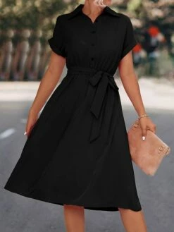 Women's Shirt Dress Casual Dress Midi Dress Outdoor Daily Date Polyester Casual Classic Shirt Collar Lace Up Ruched Short Sleeve Summer Spring 2023 Loose Fit Black Blue Rose Red Plain S M L XL -LIGHTINTHEBOX Shop tcoubk1677739300784