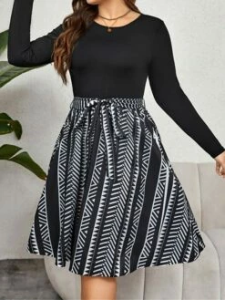 Women's Plus Size Curve Party Dress Winter Dress Black Dress Geometric Midi Dress Long Sleeve Patchwork Bow Crew Neck Fashion Party Black Fall Winter XL XXL 3XL 4XL -LIGHTINTHEBOX Shop tcsqyb1695103068282