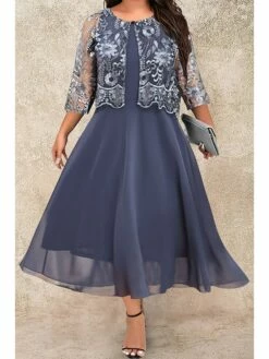 Women's Plus Size Two Piece Dress Set Party Dress Lace Dress Party Wedding Guest Fashion Elegant Lace Patchwork Midi Dress Crew Neck 3/4 Length Sleeve Plain Regular Fit Navy Blue Fall Winter L XL XXL