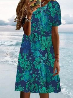 Women's T Shirt Dress Casual Dress Summer Dress Graphic Floral Print Crew Neck Mini Dress Fashion Modern Daily Holiday Short Sleeve Regular Fit Blue Summer Spring S M L XL XXL