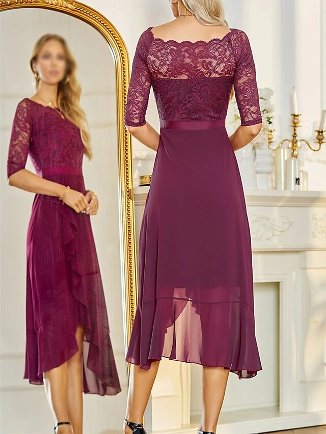 Women's Party Dress Lace Dress Cocktail Dress Midi Dress Pink Navy Blue Fuchsia 3/4 Length Sleeve Pure Color Lace Spring Fall Winter Off Shoulder Fashion Winter Dress Wedding Guest Vacation 2023 S M 6 Women's Party Dress Lace Dress Cocktail Dress Midi Dress Pink Navy Blue Fuchsia 3/4 Length Sleeve Pure Color Lace Spring Fall Winter Off Shoulder Fashion Winter Dress Wedding Guest Vacation 2023 S M - Image 4
