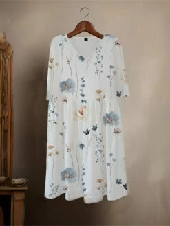 Women's Casual Dress Cotton Linen Dress Midi Dress Polyester Fashion Casual Daily Outdoor Daily Vacation V Neck Print Half Sleeve Spring Fall Autumn 2023 Loose Fit White Floral S M L XL 2XL -LIGHTINTHEBOX Shop tdoglb1693366132281