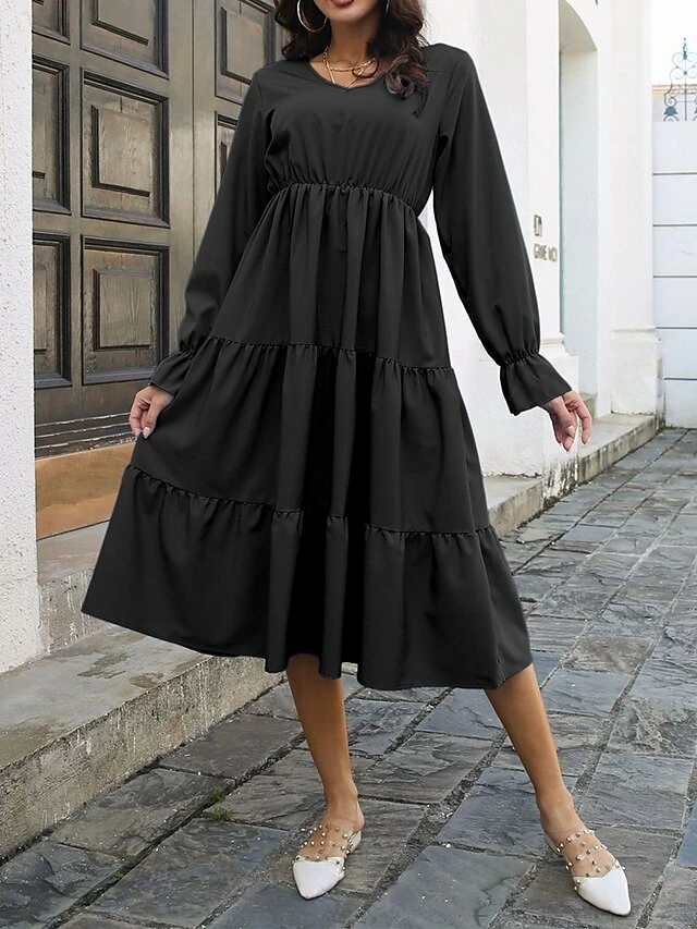 Women's Casual Dress Plain Dress Midi Dress Patchwork Outdoor Street Daily Active Fashion V Neck Long Sleeve 2023 Loose Fit Black Blue Khaki Color S M L XL XXL Size 12 Women's Casual Dress Plain Dress Midi Dress Patchwork Outdoor Street Daily Active Fashion V Neck Long Sleeve 2023 Loose Fit Black Blue Khaki Color S M L XL XXL Size - Image 10