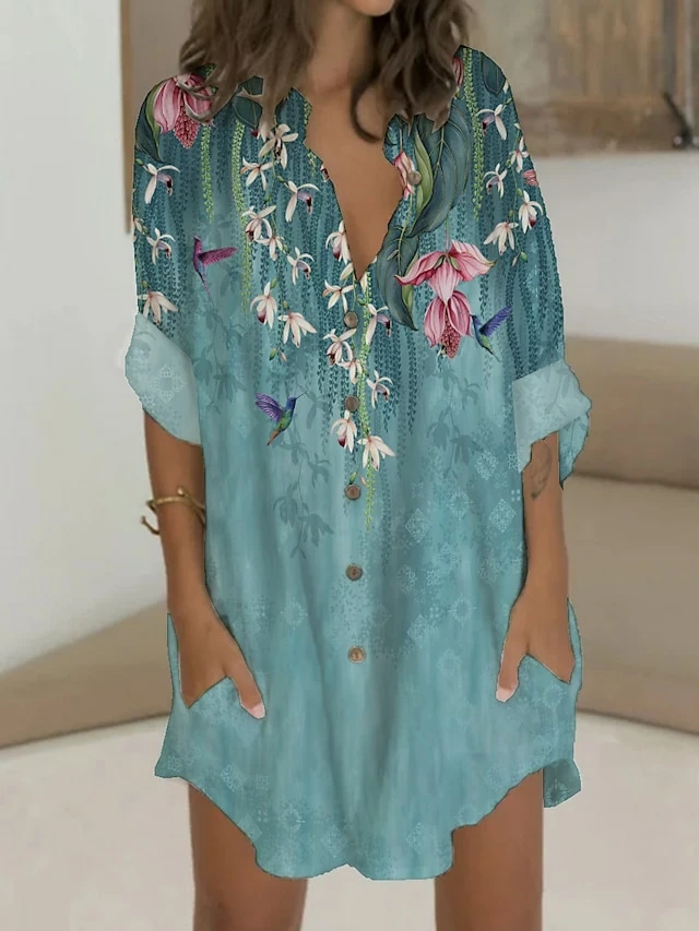 Women's Shirt Dress Casual Dress Shift Dress Mini Dress Outdoor Date Vacation Polyester Fashion Modern V Neck Button Pocket 3/4 Length Sleeve Summer Spring 2023 Regular Fit White Pink Blue Bird Flower 3 Women's Shirt Dress Casual Dress Shift Dress Mini Dress Outdoor Date Vacation Polyester Fashion Modern V Neck Button Pocket 3/4 Length Sleeve Summer Spring 2023 Regular Fit White Pink Blue Bird Flower