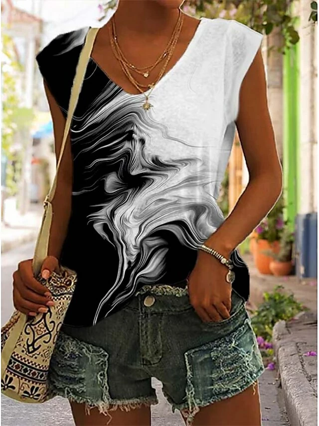 Women's Tank Top Black White Blue Floral Portrait Print Sleeveless Casual Basic V Neck Regular Fit Floral Portrait 4 Women's Tank Top Black White Blue Floral Portrait Print Sleeveless Casual Basic V Neck Regular Fit Floral Portrait - Image 2