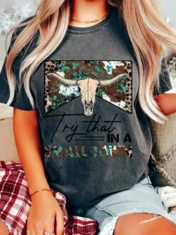 Women's T Shirt Tee Black White Orange Graphic Print Short Sleeve Daily Weekend Basic Round Neck Try That In A Small Town Regular Fit Painting