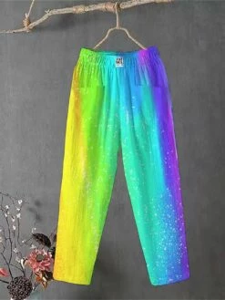 Women's Slacks Baggy Cropped Pants Ankle-Length Linen Pocket Baggy Micro-elastic Medium Waist Comfort Chino Outdoor Daily Rainbow Rainbow S M All Seasons