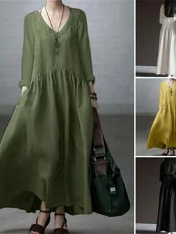 Women's Casual Dress Cotton Dress Swing Dress Maxi Long Dress Cotton Basic Classic Outdoor Daily Vacation V Neck Ruched Long Sleeve Spring Fall Winter 2023 Loose Fit ArmyGreen Black White Plain S M L -LIGHTINTHEBOX Shop tglmoc1692341099882