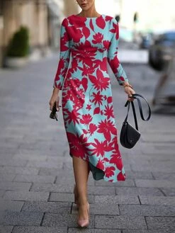 Women's Casual Dress Sheath Dress Midi Dress Midi Dress White Red Blue Long Sleeve Floral Print Summer Spring Crew Neck Stylish Winter Dress Fall Dress 2023 S M L XL XXL 3XL -LIGHTINTHEBOX Shop tgsfag1664281769646