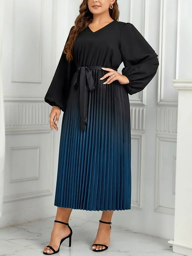 Women's Plus Size Curve Party Dress Casual Dress Sheath Dress Gradient Midi Dress Long Sleeve Lace Up Pleated V Neck Fashion Party Deep Blue Fall Winter XL XXL 3XL 4XL 6 Women's Plus Size Curve Party Dress Casual Dress Sheath Dress Gradient Midi Dress Long Sleeve Lace Up Pleated V Neck Fashion Party Deep Blue Fall Winter XL XXL 3XL 4XL - Image 4