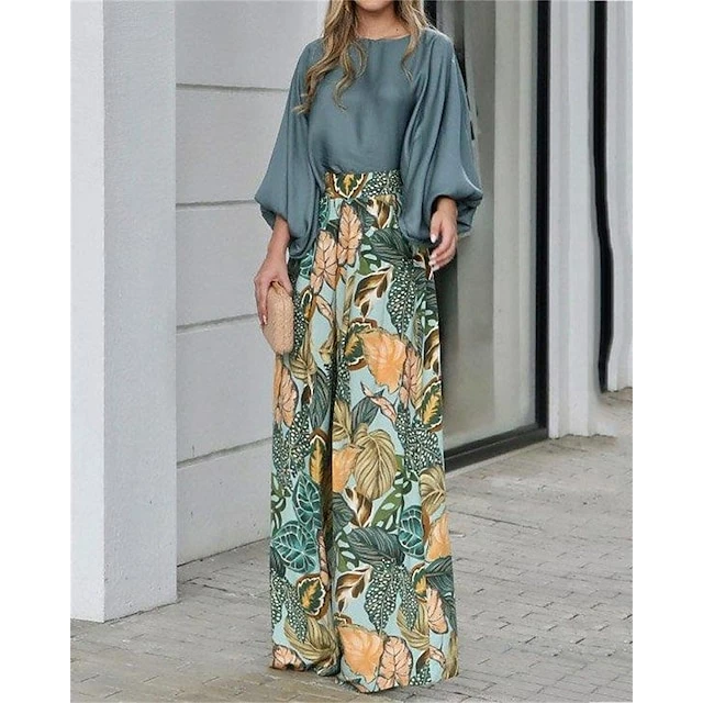 Women's Shirt Pants Sets Blue Orange Green Floral Print Long Sleeve Casual Daily Fashion Round Neck Regular Fit Puff Sleeve Spring &Fall 4 Women's Shirt Pants Sets Blue Orange Green Floral Print Long Sleeve Casual Daily Fashion Round Neck Regular Fit Puff Sleeve Spring &Fall - Image 2