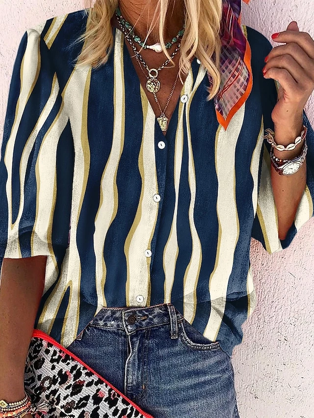 Women's Shirt Blouse Black Blue Purple Striped Button Print Long Sleeve Daily Weekend Streetwear Casual V Neck Regular Fit Spring Fall 3 Women's Shirt Blouse Black Blue Purple Striped Button Print Long Sleeve Daily Weekend Streetwear Casual V Neck Regular Fit Spring Fall