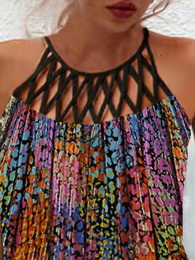 Women's Casual Dress Summer Dress Halter Neck Dress Color Block Hollow Out Print Halter Mini Dress Active Fashion Outdoor Daily Sleeveless Regular Fit Rainbow Summer Spring S M L XL XXL 5 Women's Casual Dress Summer Dress Halter Neck Dress Color Block Hollow Out Print Halter Mini Dress Active Fashion Outdoor Daily Sleeveless Regular Fit Rainbow Summer Spring S M L XL XXL - Image 3