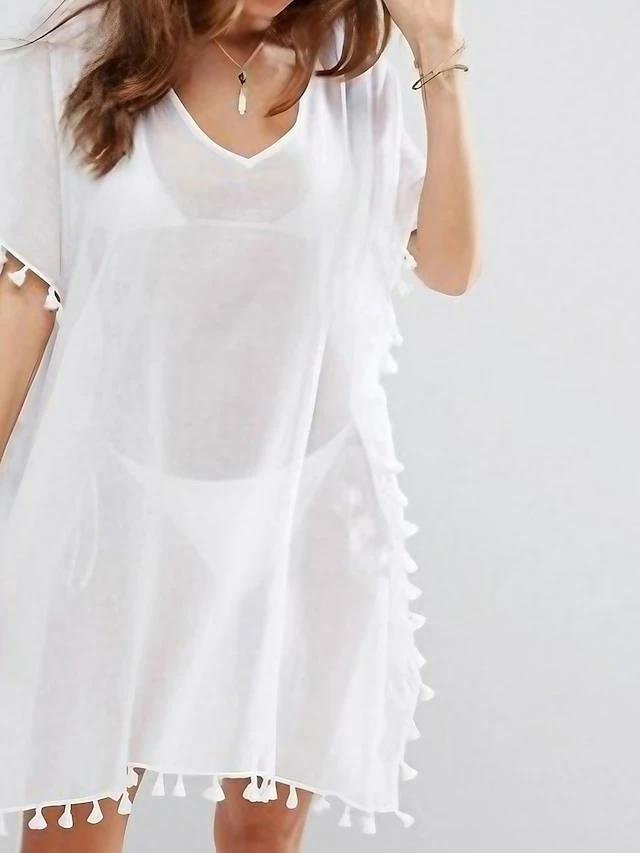 Women's Swimwear Cover Up Beach Dress Normal Swimsuit Tassel Pure Color Green White Gray Rosy Pink Wine V Wire Bathing Suits New Vacation Fashion /y / Modern 3 Women's Swimwear Cover Up Beach Dress Normal Swimsuit Tassel Pure Color Green White Gray Rosy Pink Wine V Wire Bathing Suits New Vacation Fashion /y / Modern