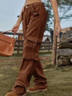 Women's Cargo Pants Chinos Baggy Full Length Denim Baggy Micro-elastic Mid Waist Fashion Streetwear Outdoor Causal Light Khaki Black S M Fall Winter -LIGHTINTHEBOX Shop tiwihf1692182848557