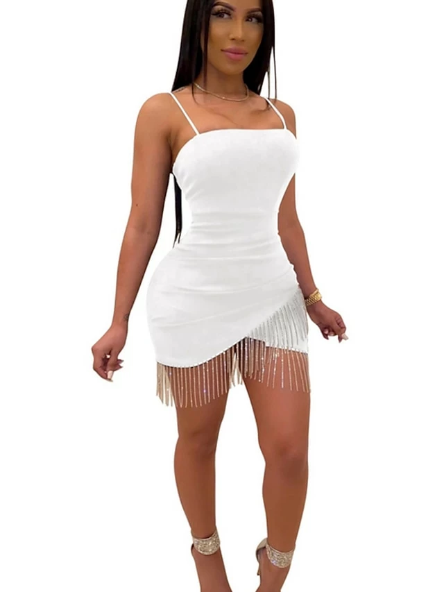 Women‘s Party Dress Fringe Dress Homecoming Dress Black Dress Mini Dress White Wine Sleeveless Pure Color Tassel Fringe Summer Spring Spaghetti Strap Party Party Slim 2022 S M L XL 5 Women‘s Party Dress Fringe Dress Homecoming Dress Black Dress Mini Dress White Wine Sleeveless Pure Color Tassel Fringe Summer Spring Spaghetti Strap Party Party Slim 2022 S M L XL - Image 3