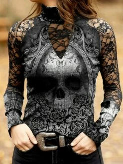 Women's T Shirt Tee Black Skull Lace Print Long Sleeve Halloween Weekend Basic High Neck Regular Painting S