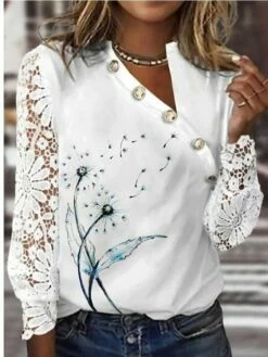 Women's Shirt Blouse White Eyelet Tops White Dandelion Button Print Long Sleeve Casual Holiday Fashion Basic Elegant V Neck Regular Fit Floral Spring Fall