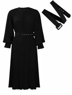 Women's Work Dress Casual Dress Black Dress Fashion Office Daily Workfashion Midi Dress Lace Up Pleated Crew Neck Long Sleeve Plain Regular Fit Black White Red Fall Winter S M L XL XXL -LIGHTINTHEBOX Shop tleuxi1695645194022