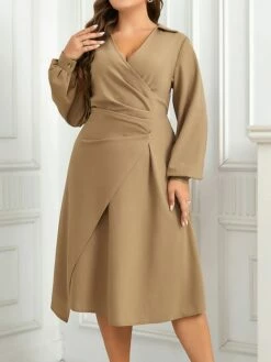 Women's Plus Size Curve Work Dress A Line Dress Plain Midi Dress Long Sleeve Ruched V Neck Fashion Office Khaki Fall Winter XL XXL 3XL 4XL