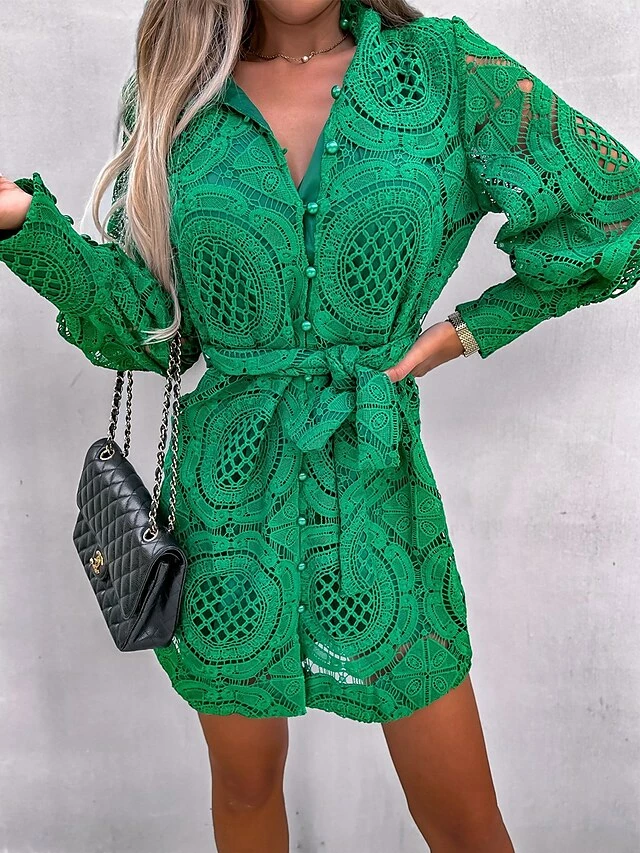 Women's Party Dress Lace Dress Cocktail Dress Mini Dress Black Green Rose Long Sleeve Pure Color Lace Fall Winter Autumn Stand Collar Fashion Vacation 2023 S M L XL 8 Women's Party Dress Lace Dress Cocktail Dress Mini Dress Black Green Rose Long Sleeve Pure Color Lace Fall Winter Autumn Stand Collar Fashion Vacation 2023 S M L XL - Image 6