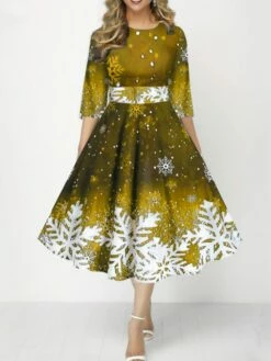 Women's Retro 1950s Skater Dress Midi Dress Party Christmas Print Snowflake Crew Neck 3/4 Length Sleeve 2023 Black Yellow S M L XL -LIGHTINTHEBOX Shop tnhdmj1696846063821