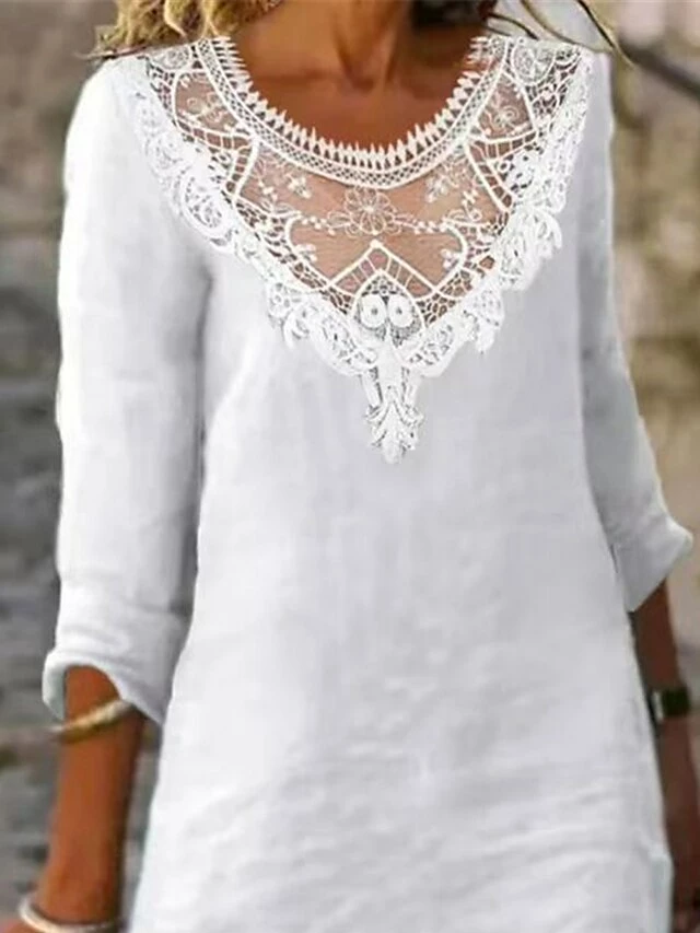 Women's Casual Dress Cotton Linen Dress Lace Dress Midi Dress Polyester Basic Classic Outdoor Daily Vacation V Neck Lace Patchwork 3/4 Length Sleeve Summer Spring Fall 2023 Regular Fit White Plain S 4 Women's Casual Dress Cotton Linen Dress Lace Dress Midi Dress Polyester Basic Classic Outdoor Daily Vacation V Neck Lace Patchwork 3/4 Length Sleeve Summer Spring Fall 2023 Regular Fit White Plain S - Image 2