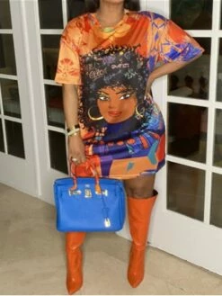 Women‘s Plus Size Curve Casual Dress T Shirt Dress Tee Dress Shift Dress Graphic Midi Dress Short Sleeve Print Crew Neck Fashion Daily Black Orange Spring Summer L XL XXL 3XL -LIGHTINTHEBOX Shop todqvf1672900108769