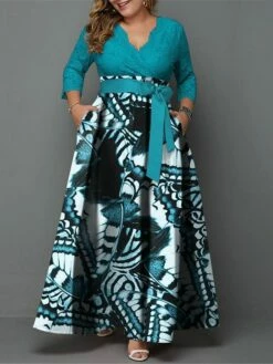 Women‘s Plus Size Curve Casual Dress Lace Dress Swing Dress Butterfly Long Dress Maxi Dress 3/4 Length Sleeve Lace Up Lace V Neck Fashion Outdoor Blue Summer Spring L XL XXL 3XL 4XL